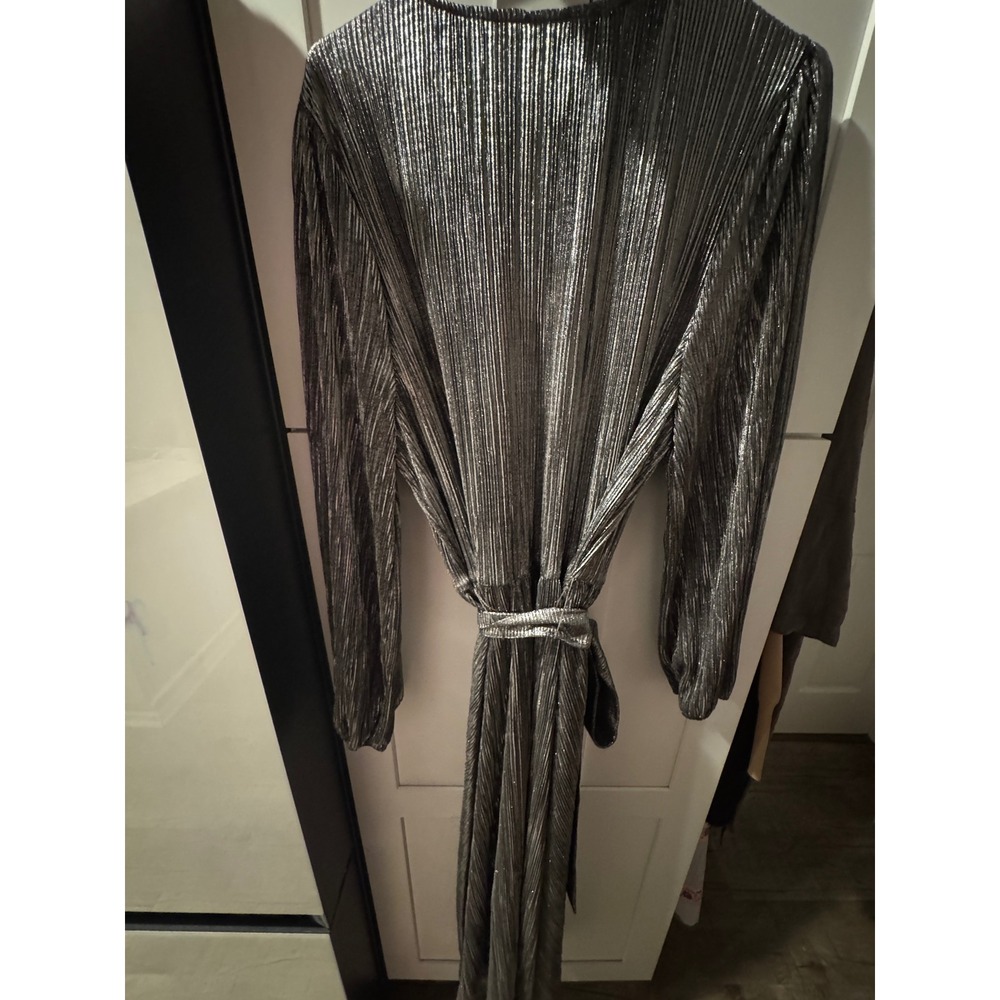 Soft Surroundings Silver Metallic Plisse Midi Dress Keyhole Balloon Sleeve 1X - Picture 3 of 7
